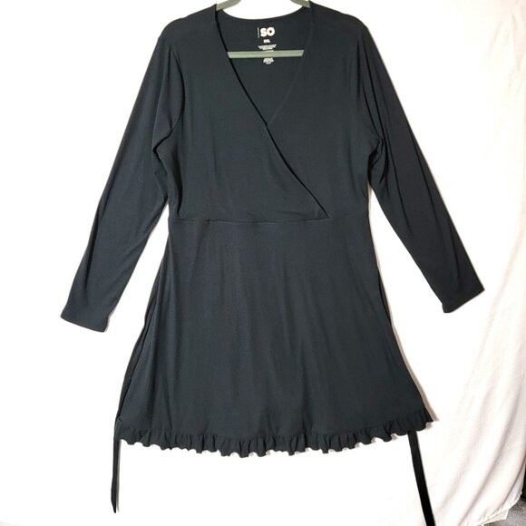 SO Womens Faux Wrap Dress Sz XXL Knee Length Long Sleeve Ruffle Hem Black - Picture 1 of 11